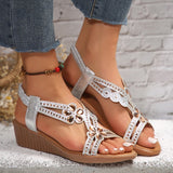 Silberne Bohemian-Sandalen mit Keilabsatz für Damen