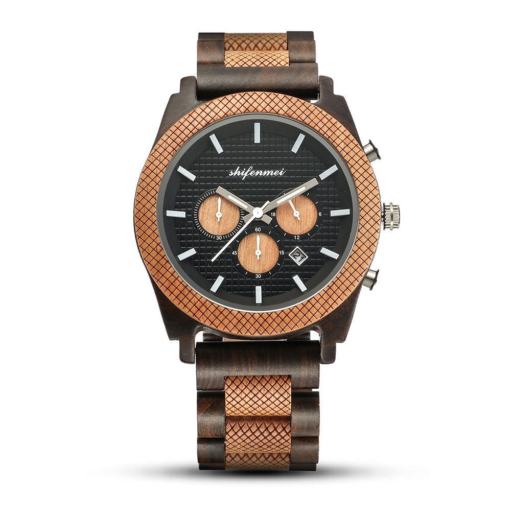 Mens Six Hand Chronograph Calendar Sports Wood Casual Watch - Dazpy