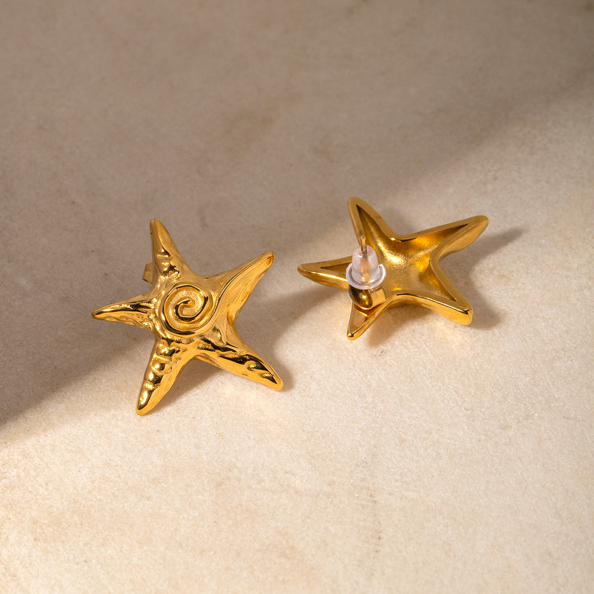 18K Gold Plated Stainless Steel Star Spiral Stud Earrings - Waterproof, Vintage-Inspired Chic