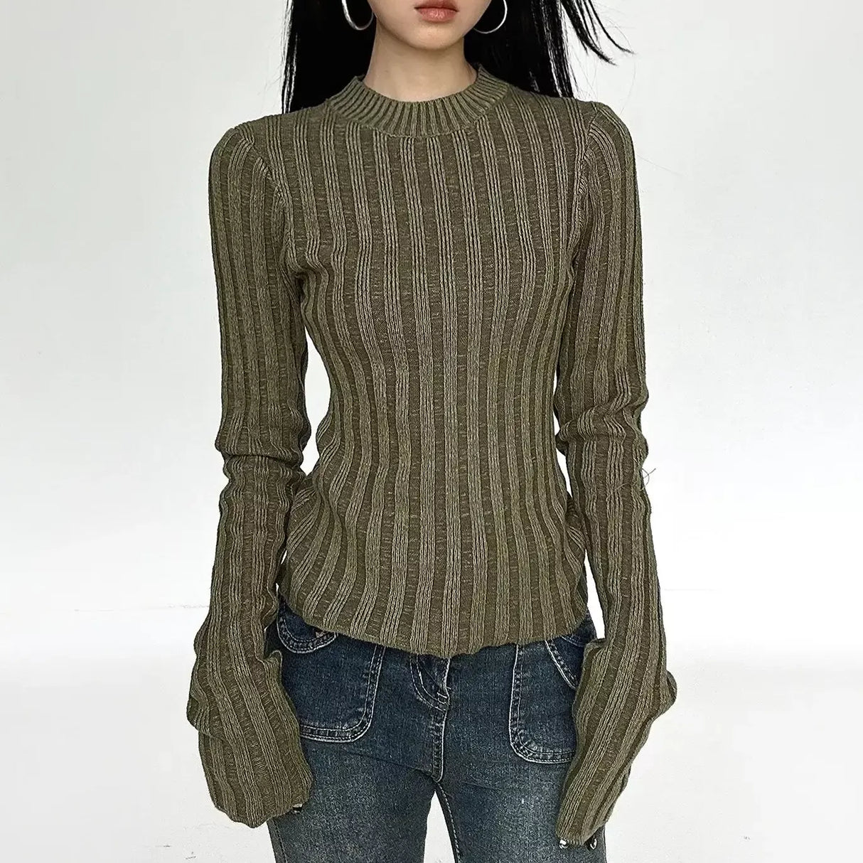 Chic Round Neck Long Sleeve Slim Fit Knitted Pullover