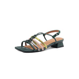 Farbenfrohe Sandalen mit römischen Riemen und Schnalle und klobigem Absatz