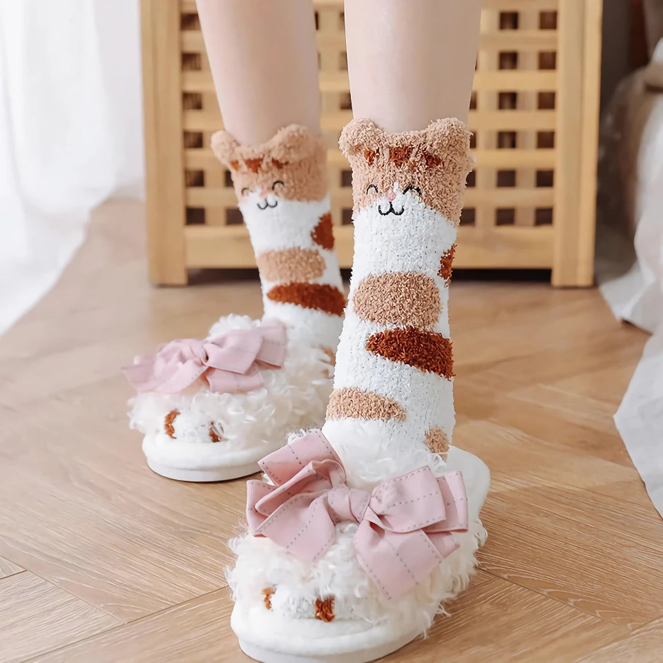 Süße Cartoon-Kätzchen-Fleece-Socken mit warmem Innenbereich – Kawaii-Katzenkrallen-Design