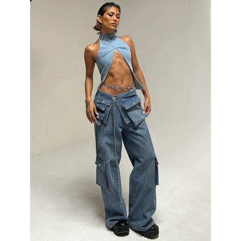 High-Waisted Baggy Jeans with Lace-Up Cargo Pockets