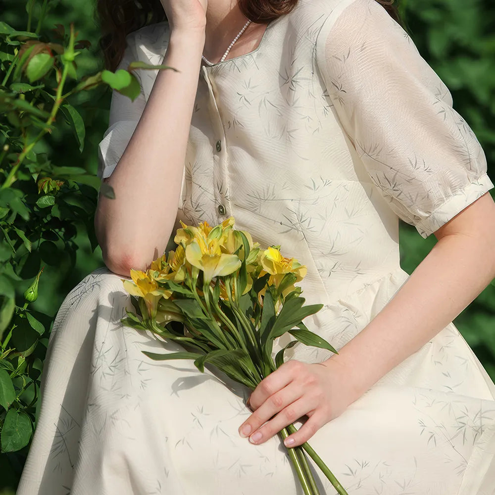 French Floral Square Neck Summer Dress