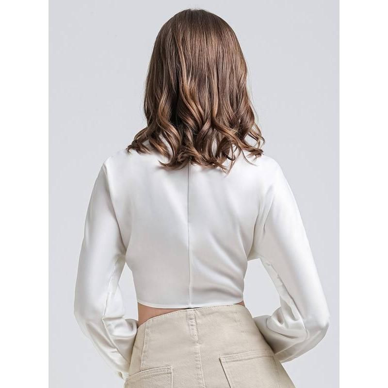 Elegante Vintage V-Ausschnitt Langarm Crop Bluse