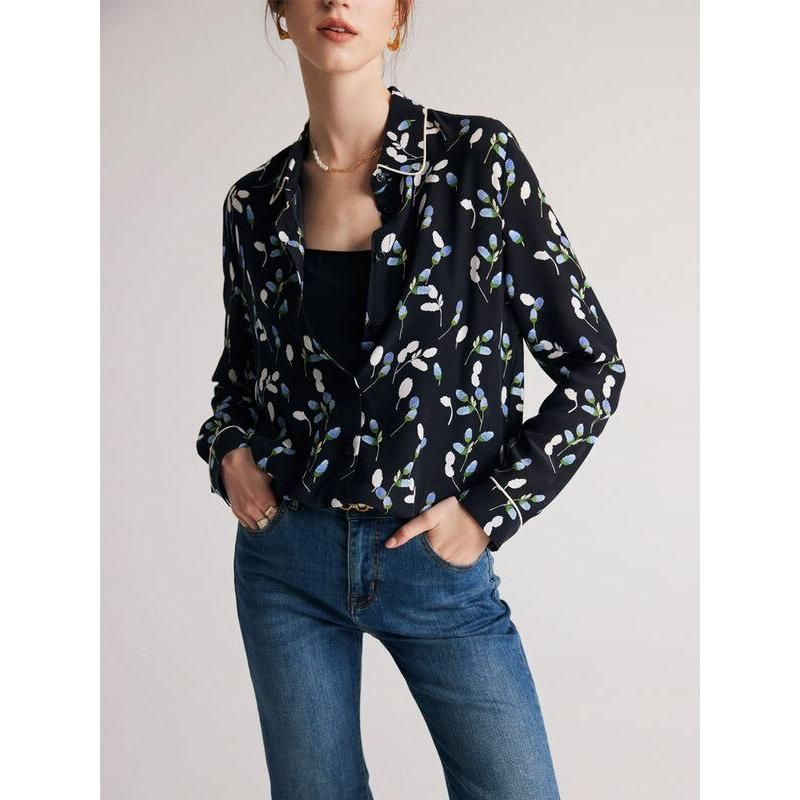 Chic Navy Floral Silk Blouse