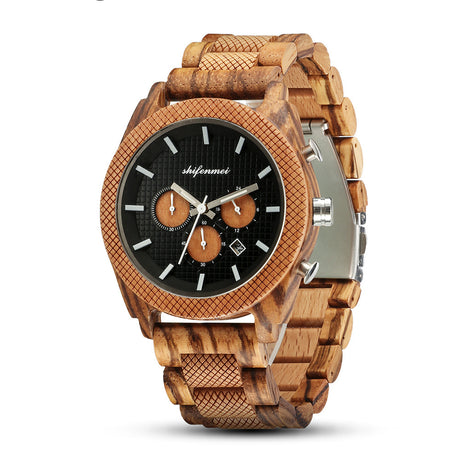 Mens Six Hand Chronograph Calendar Sports Wood Casual Watch - Dazpy