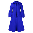 Puff-Sleeve Bow-Tie High-Waist Swing Midi Dress