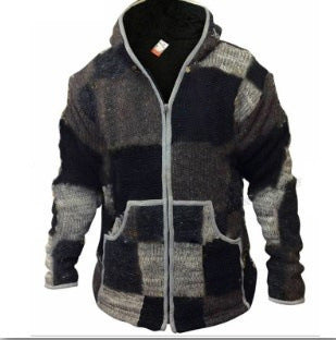 Hooded Zipper Color-blocking Knitted Sweater Men's