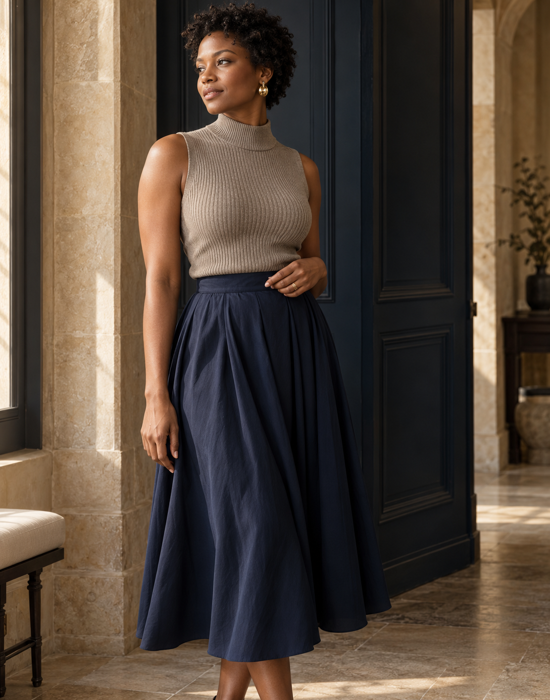 Original editorial styling inspiration with taupe knit and navy skirt