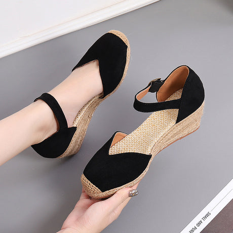 Spring And Autumn Suede Word Buckle High Heel Hollow Shoes - Dazpy