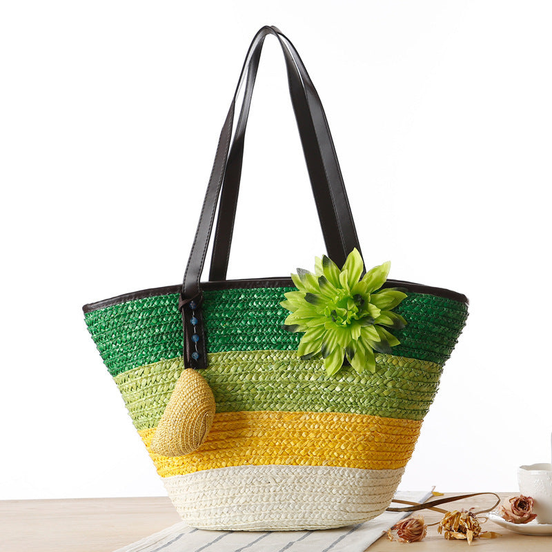 Korean Straw Plaited Son And Mother Beach Shoulder Bag - Dazpy