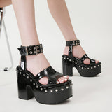 Block-heel Platform Patent Leather Rivet Fish Mouth Sandals - Dazpy