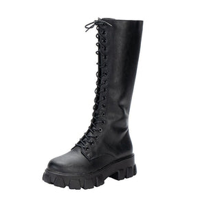 Black Lace-up Women's British Style Knight Boots