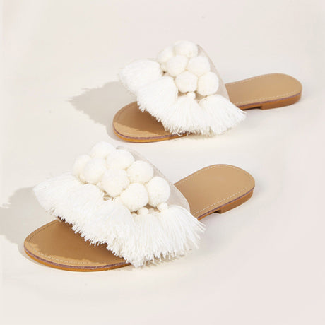 Fringed wool ball slippers - Dazpy