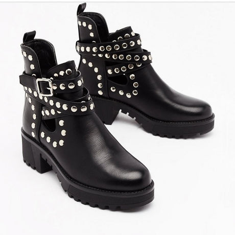 Women's Ankle Boots With Rivet Metal Decorative Strip Straps - Dazpy