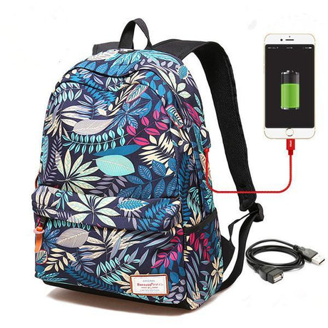 Tropical Print Backpack W USB Charging Port - Dazpy