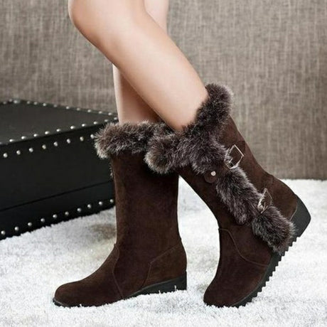 Brown New Winter Women Casual Warm Fur Mid-Calf Boots Shoes Women Slip-On Round Toe Flats Snow Boots Shoes - Dazpy