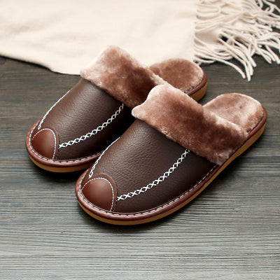 Couple cotton slippers winter home men and women autumn and winter leather surface winter lint floor indoor women's old man outdoor - Dazpy