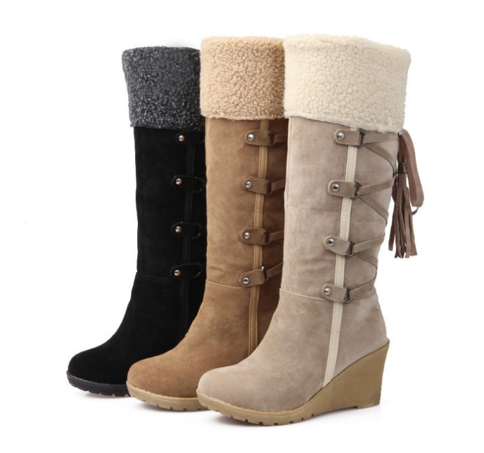 AIWEIYi Women Knee High Boots Wedge High Heels Shoes Knight Boots Warm Winter Boots Lady Shoes Black Yellow Fur Snow Boots - Dazpy