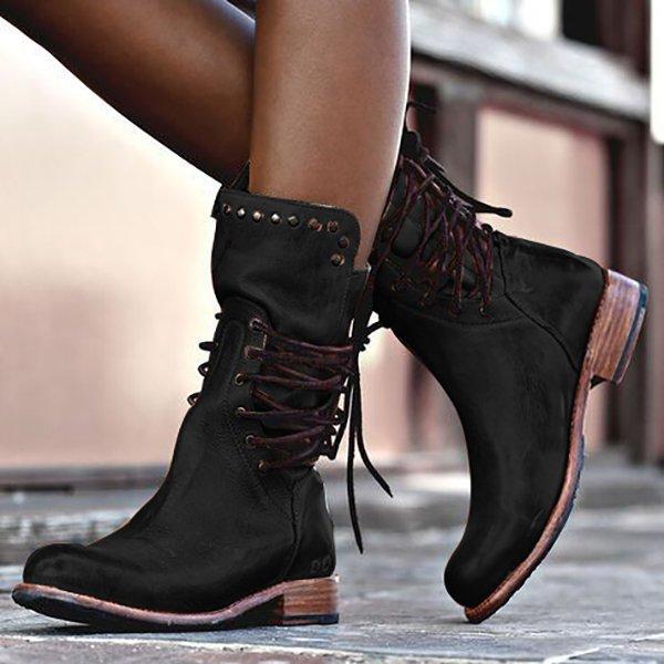 Back Zipper Vintage Boots Lace-Up Holiday Mid-calf Boots - Dazpy