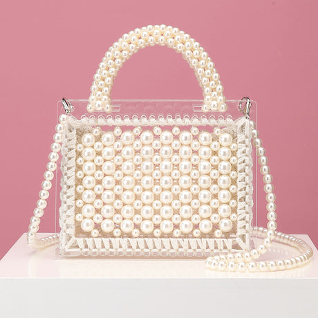 2020 New Handmade Beaded Woven Pearl Transparent Acrylic One-Shoulder Diagonal Handbag - Dazpy