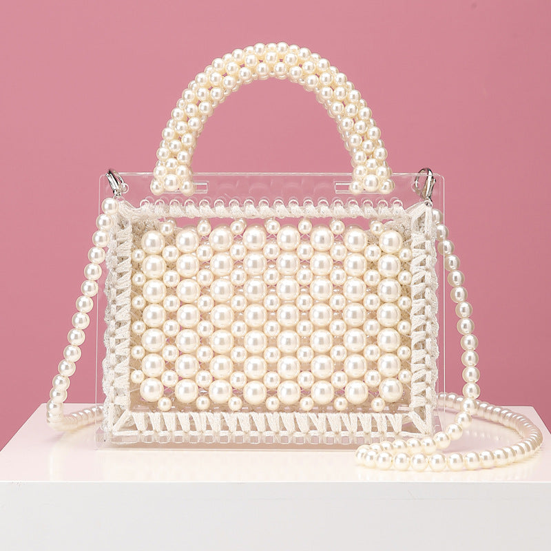 2020 New Handmade Beaded Woven Pearl Transparent Acrylic One-Shoulder Diagonal Handbag - Dazpy