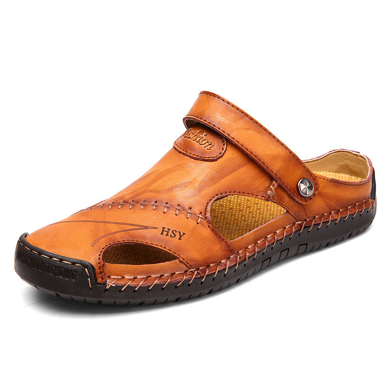 Men's Shoes Casual Hole Leather Shoes Toe Sandals - Dazpy