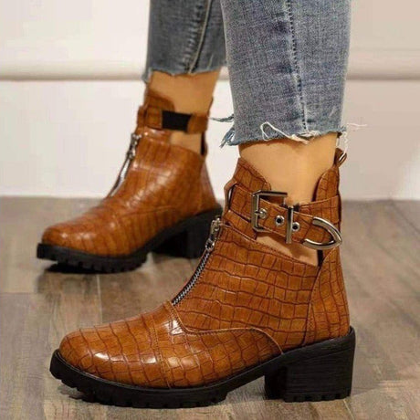 New Martin Boots Thick Heel Buckle Strap Crocodile Print Mid Heel Short Tube Women's Shoes - Dazpy