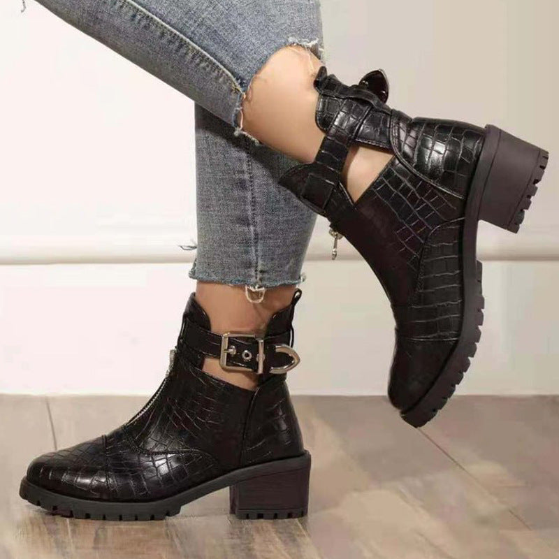 New Martin Boots Thick Heel Buckle Strap Crocodile Print Mid Heel Short Tube Women's Shoes - Dazpy