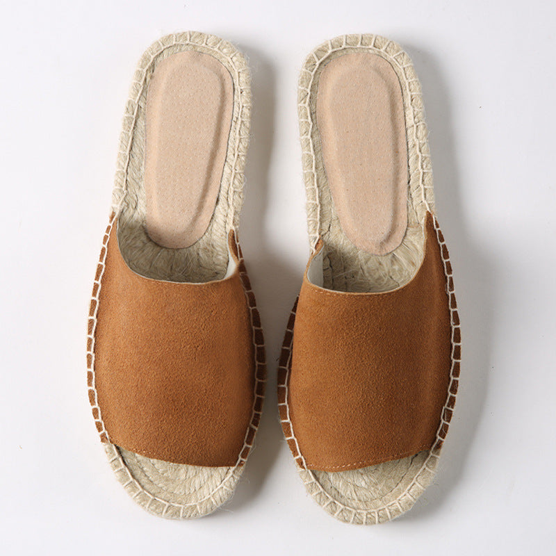 Leather One-Piece Stitch Fisherman'S Straw-Stitched Slippers - Dazpy