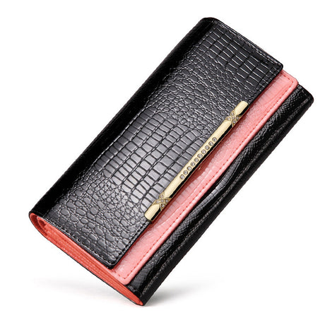 Ladies Leather Top Layer Cowhide Female Wallet Long Double-Layer Contrast Color Large-Capacity Wallet - Dazpy