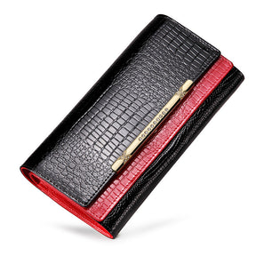 Ladies Leather Top Layer Cowhide Female Wallet Long Double-Layer Contrast Color Large-Capacity Wallet