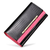 Ladies Leather Top Layer Cowhide Female Wallet Long Double-Layer Contrast Color Large-Capacity Wallet - Dazpy