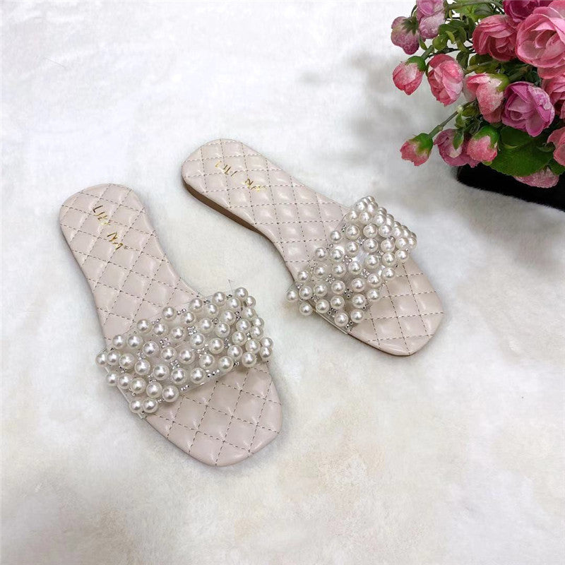 New Summer Flat Sandals Pearl Diamond Slippers For Lady - Dazpy