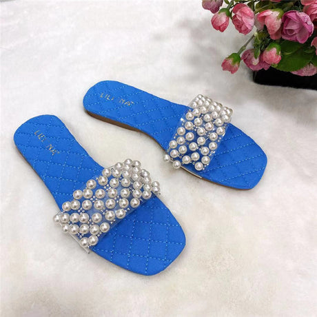 New Summer Flat Sandals Pearl Diamond Slippers For Lady - Dazpy