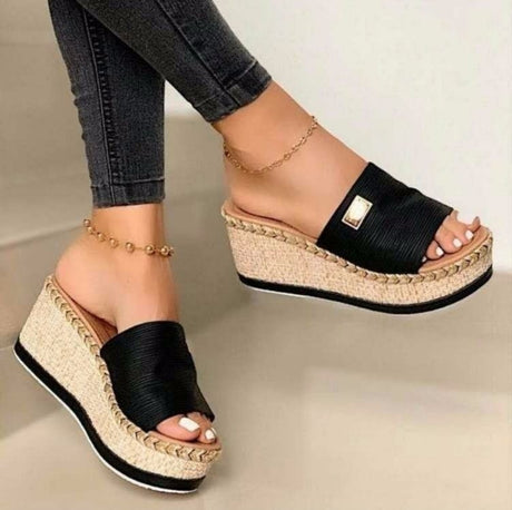 Woven Sponge Cake Platform Wedge Slippers - Dazpy