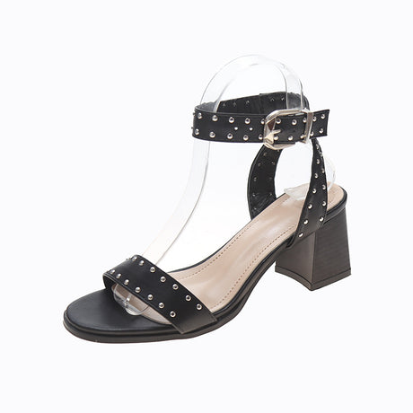 Studded Roman Sandals Women's Word Belt Black Thick Heel High Heels Women - Dazpy