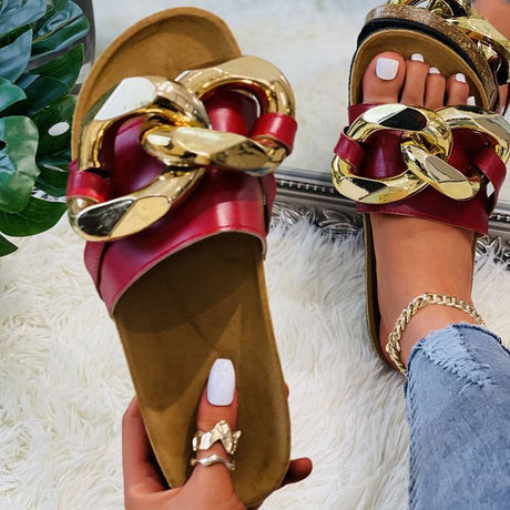 Summer Large Size Sandals And Metal Chain Flat Platform Slippers - Dazpy