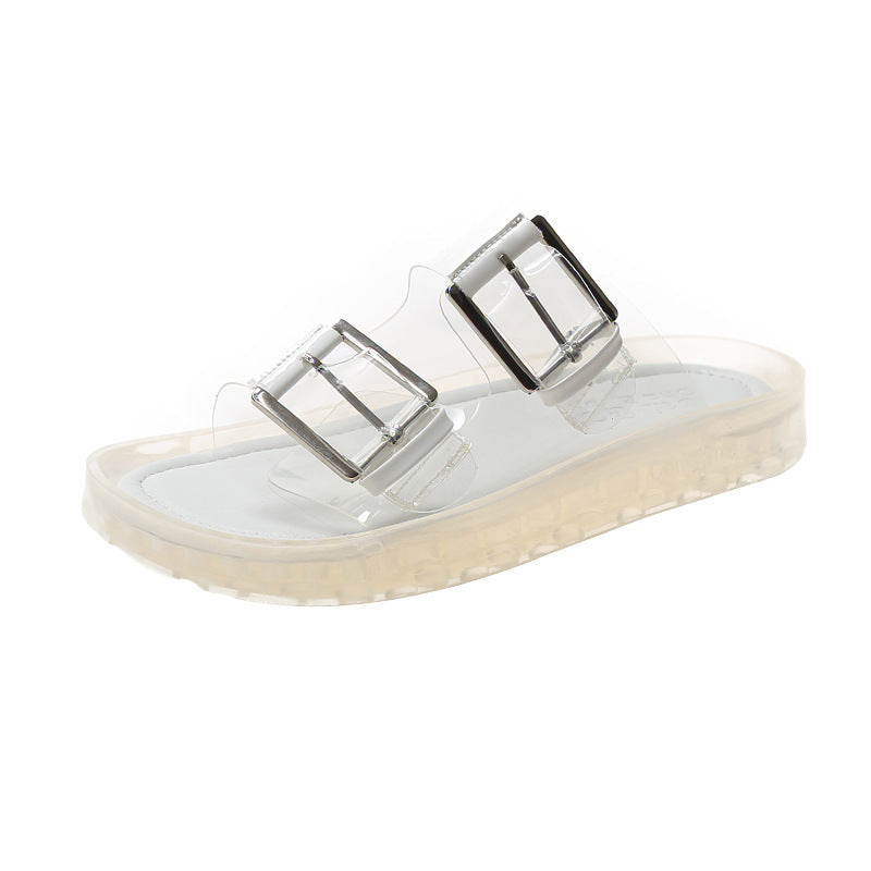 Flat Transparent Beach Slippers With One-word Buckle - Dazpy