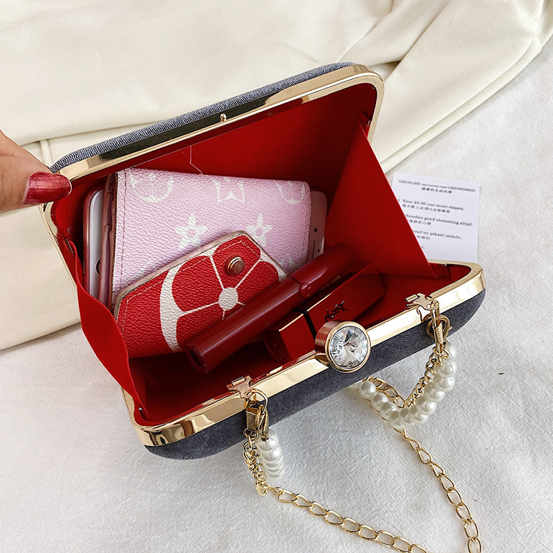 Fashion Red Velvet Pearl Chain Thin Chain Female Bag - Dazpy