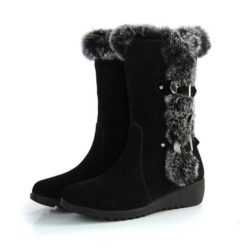 Brown New Winter Women Casual Warm Fur Mid-Calf Boots Shoes Women Slip-On Round Toe Flats Snow Boots Shoes - Dazpy