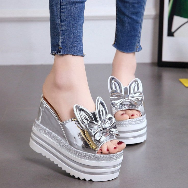 Slope high heel sandals increased rabbit ears waterproof platform muffin thick bottom fish mouth slippers women - Dazpy