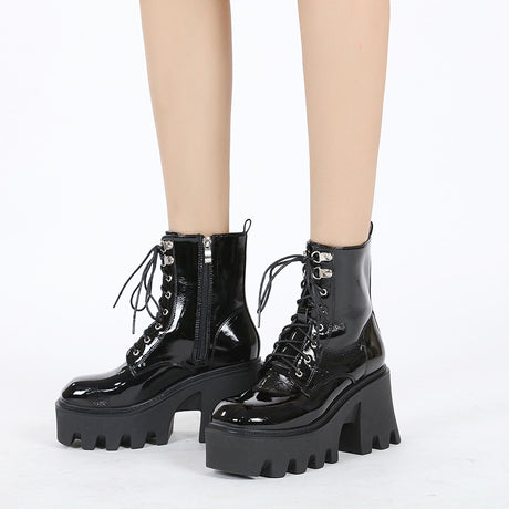 Lace-up Patent Leather Thick High-heeled Short Boots With Platform - Dazpy