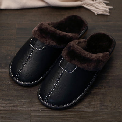 Couple cotton slippers winter home men and women autumn and winter leather surface winter lint floor indoor women's old man outdoor - Dazpy