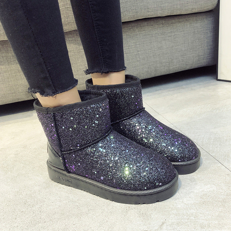 Sequined Flat Snow Boots - Dazpy