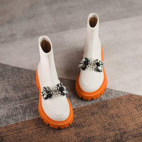 Round Toe Rhinestone Flower Elastic Boots Boots Women's Shoes - Dazpy