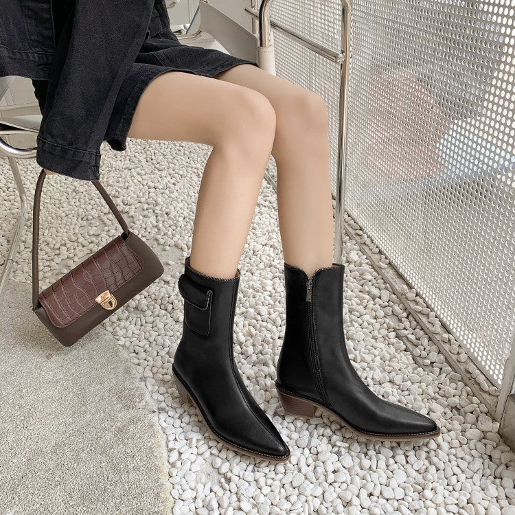 Thick Heel Low Heel Pointed Side Zipper Ankle Boots Fashion Knight Boots - Dazpy