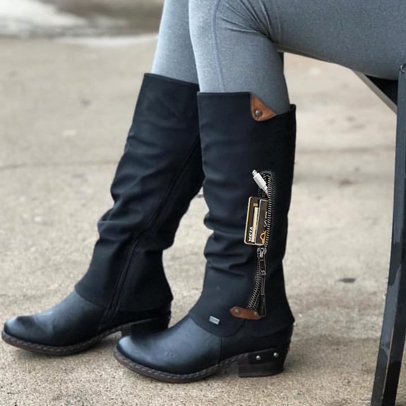 Knight boots thick heel round toe high side zipper leather - Dazpy