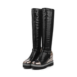 High-top Patent Leather One-step High-heeled Wedge-heeled Plus Size Women's Boots - Dazpy